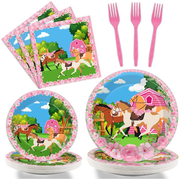 Wiooffen 96 Pieces Horse Birthday Plates Napkins Kentucky Derby Pink Horse Party Decorations Horse Paper Plates Cowgirl Western