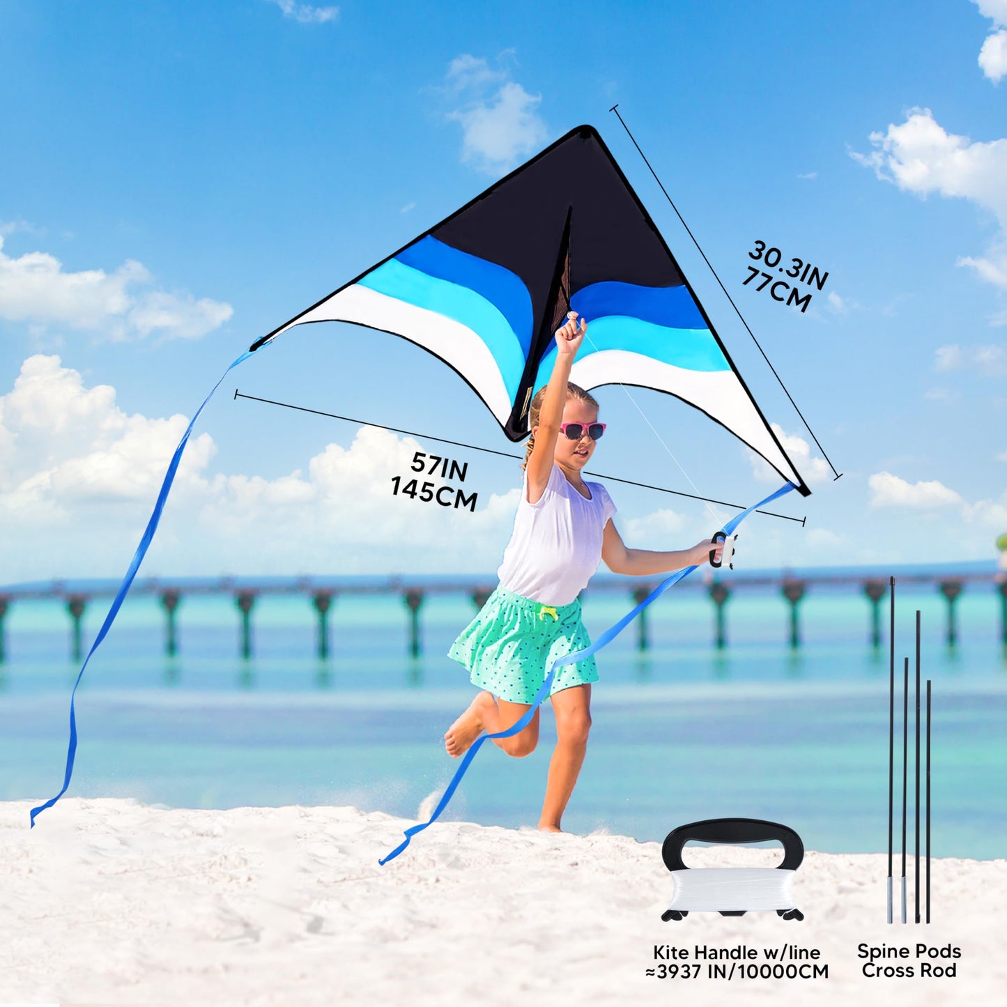 Syncfun Large Delta Kite Gradient Blue- Easy To Fly For Kids And Adults, Beach Kite With 328 Ft String For Outdoor Games And Act