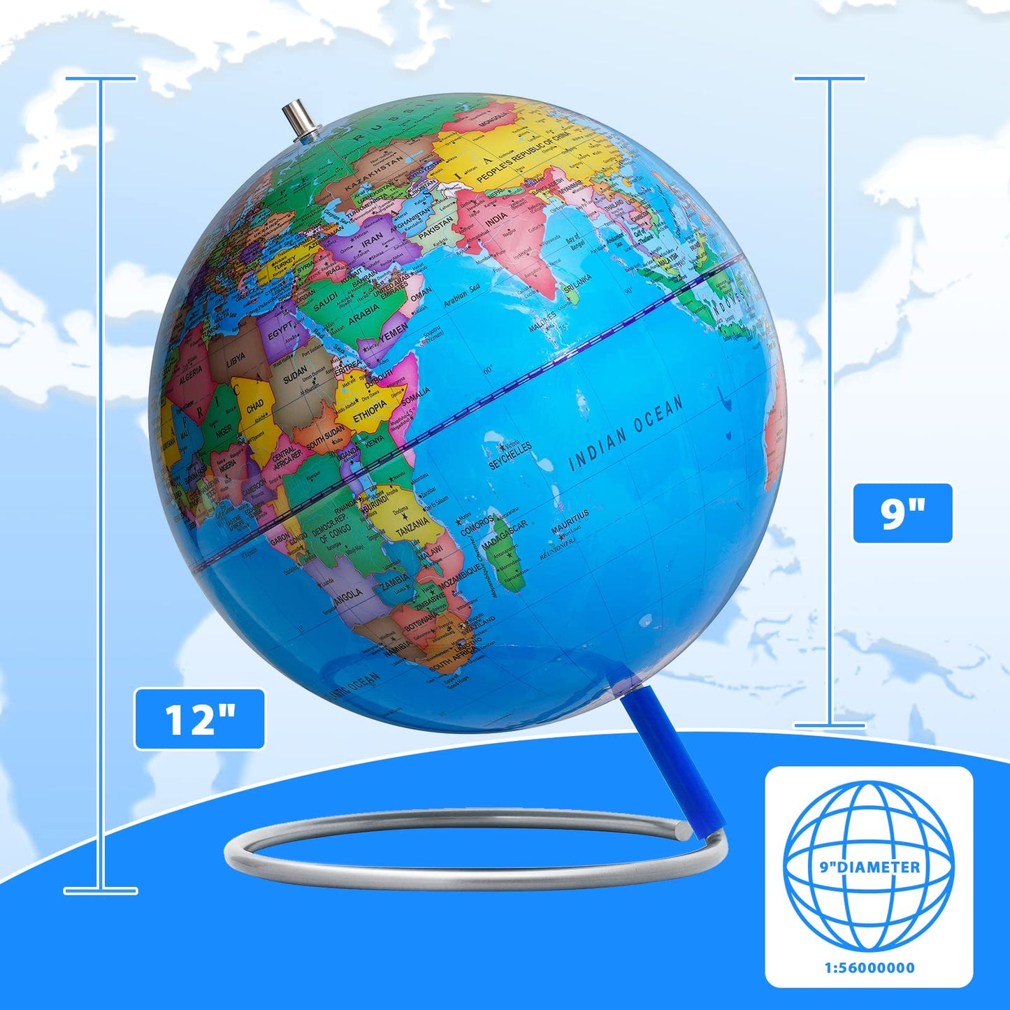 9'' World Globe For Kids Learning, Classroom Desk, Geographic Globe With Iron Stand & Colorful Magnetic Push Pins & Magnifier &