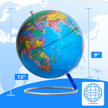 9'' World Globe For Kids Learning, Classroom Desk, Geographic Globe With Iron Stand & Colorful Magnetic Push Pins & Magnifier &
