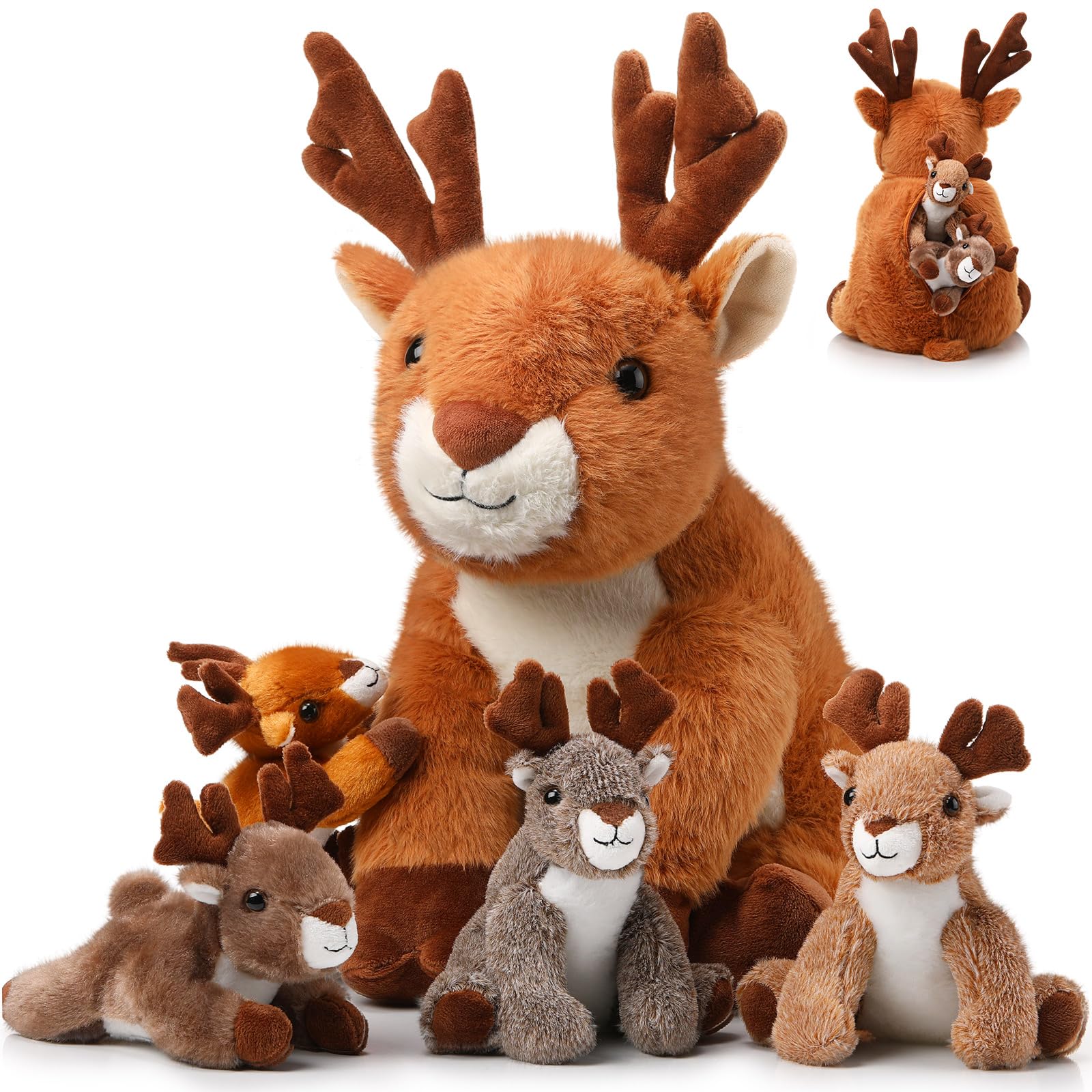 Poen Plush Deer Stuffed Animal Set 16 Inch Cuddly Mommy Deer Plush With 4 Cute Little Plushes In Her Zippered Tummy For Kids Birthday Baby Shower Decor Gift Woodland Party Favors(Sitting)