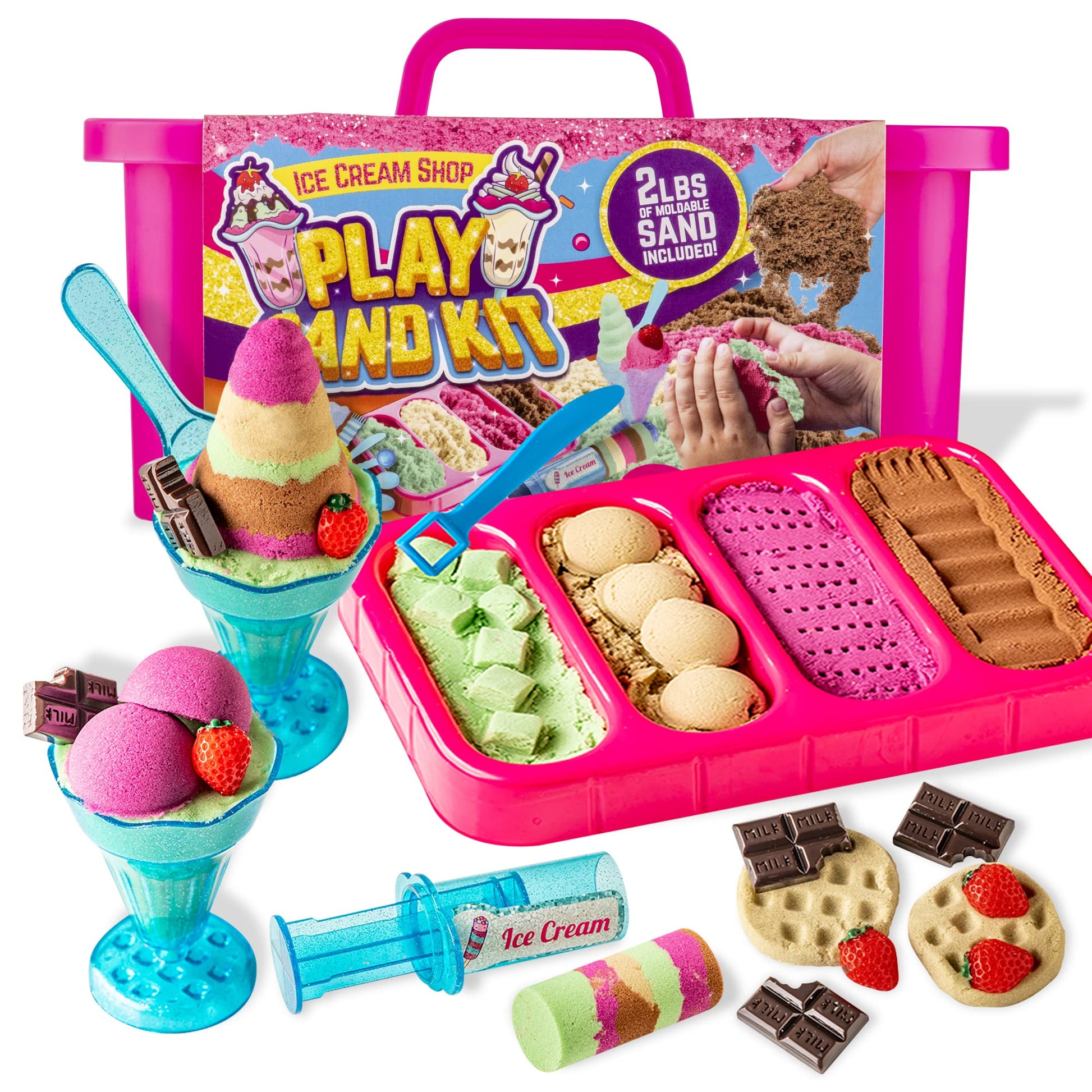 GirlZone Ice Cream Shop Play Sand for Kids, 22pcs Moldable Sand Kit - Serving Tools, Glasses, Spoon, Decorations, Stickers & 2lb