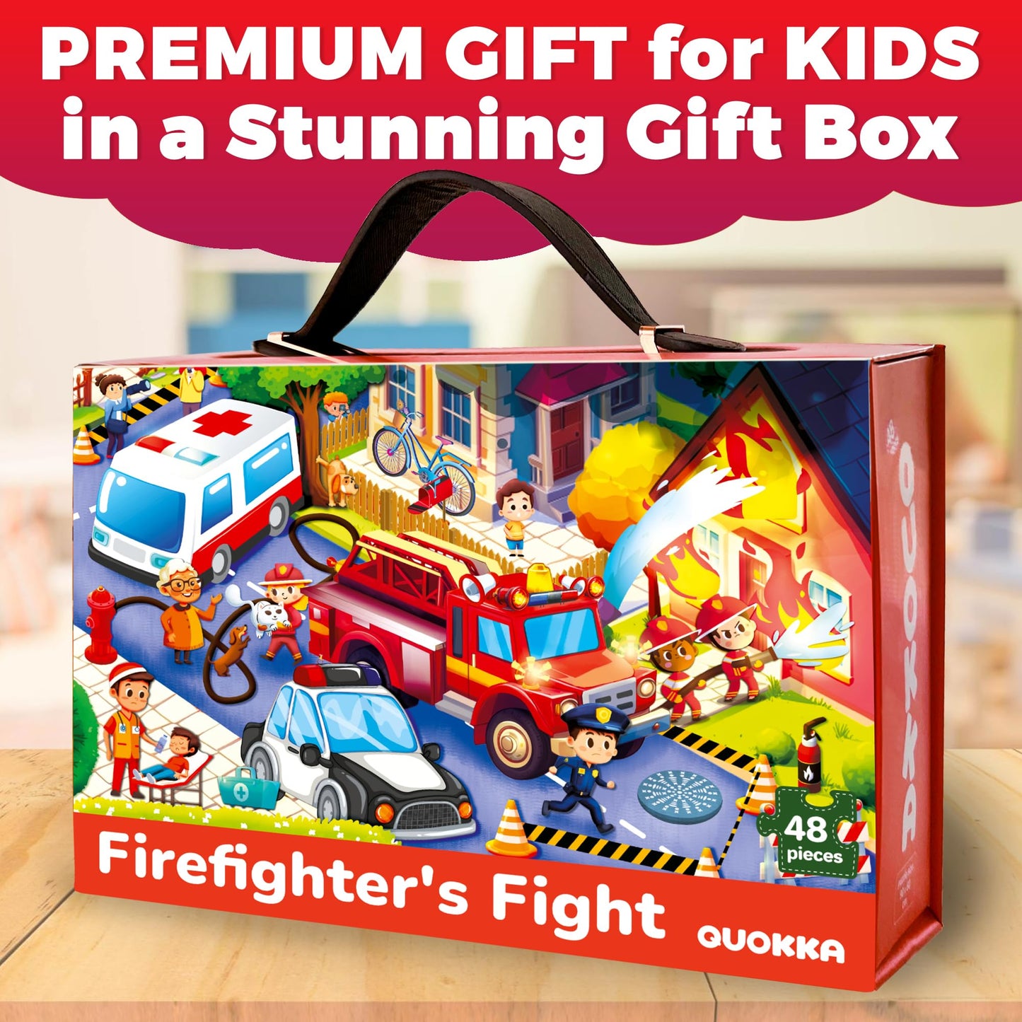 QUOKKA Giant Floor Puzzle for Kids Ages 4-6 - 2x3 Feet Extra-Thick 48 Pieces Toddler Puzzle Ages 3-5 - Firetrucks Educational Activity for Boys Girls - enhanced Box with Sturdy Handle & Magnetic