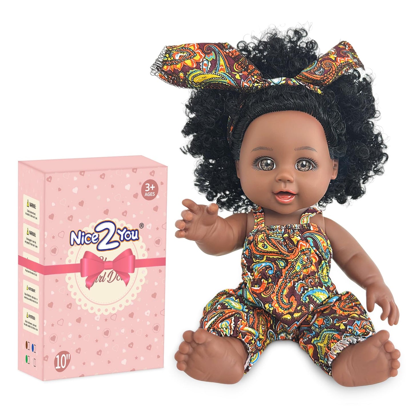 Nice2You Black Baby Doll, 10 Inch American African Black Girl Doll With Dress, Realistic Reborn Baby Doll For Kids Aged 2 3 4 5 6, Silicone Small Black Doll Toy With Curly Hair For Birthday
