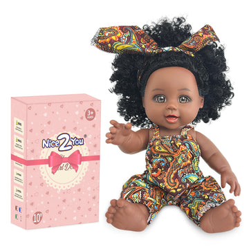 Nice2You Black Baby Doll, 10 Inch American African Black Girl Doll With Dress, Realistic Reborn Baby Doll For Kids Aged 2 3 4 5 6, Silicone Small Black Doll Toy With Curly Hair For Birthday