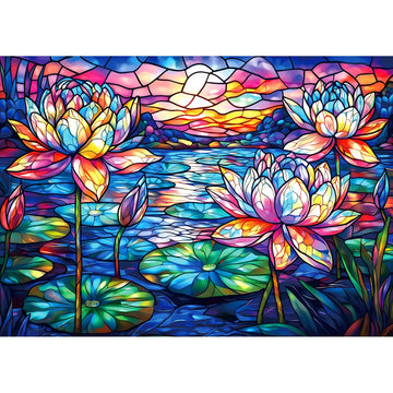 Stained Glass Flower Puzzles For Adults 1000 Pieces Colorful Waterlily Impossible Hard Puzzle For Adults Beautiful Vintage Flowe