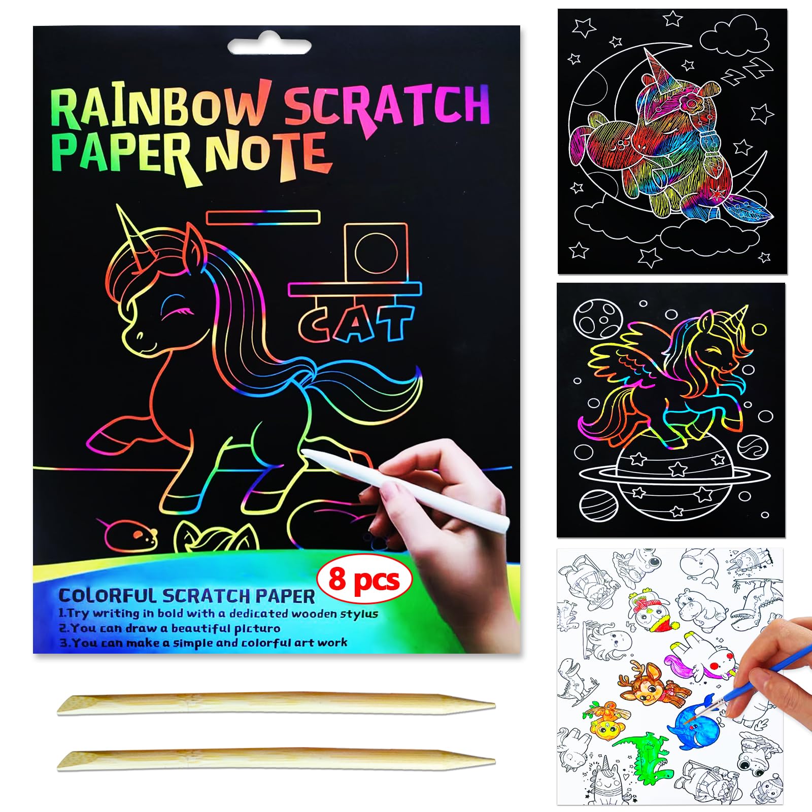 JUNQIU Scratch Art for Kids, Rainbow Scratch Paper Art Set - Unicorn, Arts and Crafts for Kids Ages 4-8 Girls Boys, Kids Activit