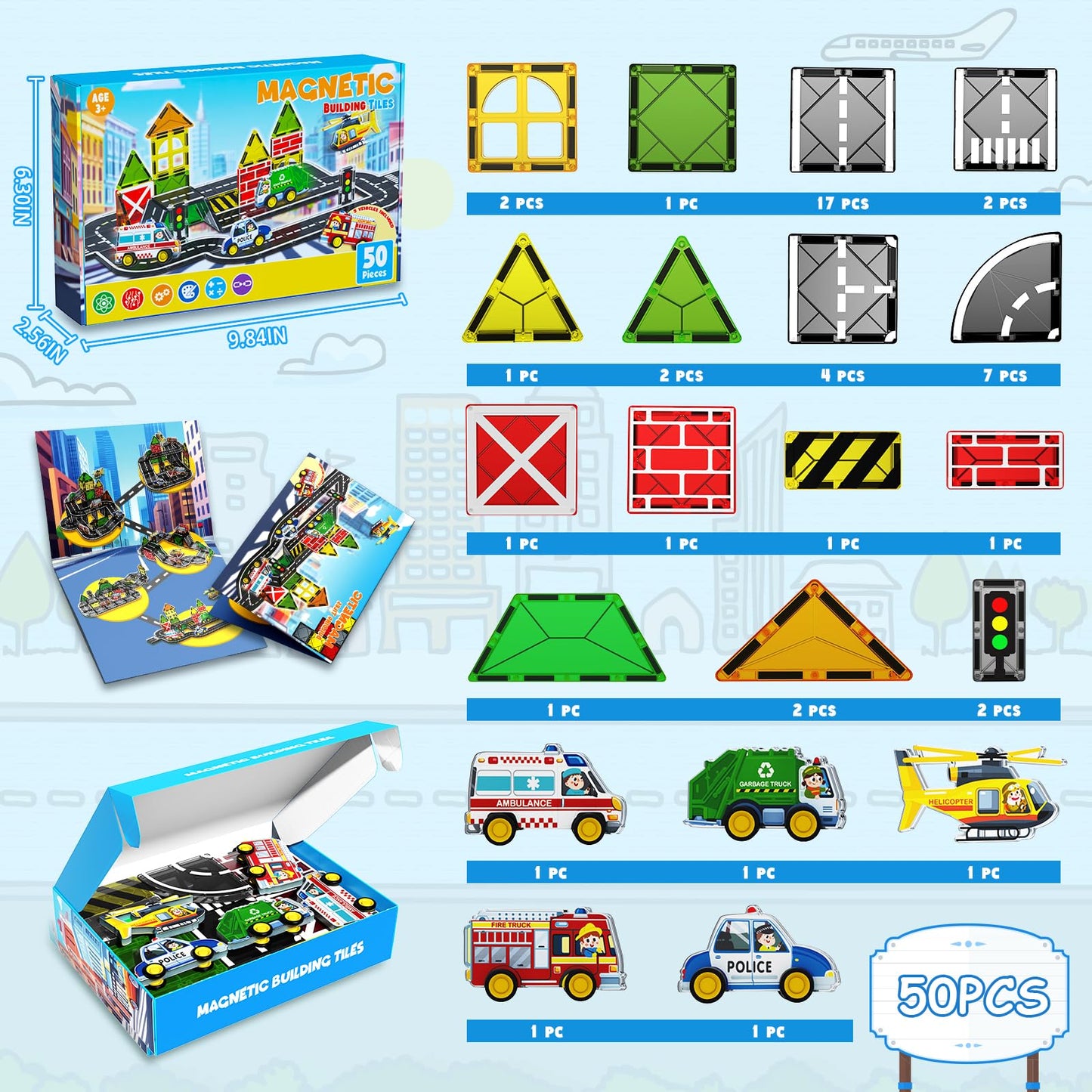Magnetopia Magnetic Tiles Road Car Set, Plastic Building Blocks for Kids, Small, Clear, Model MS BLOCKS, STEM Montessori Toys