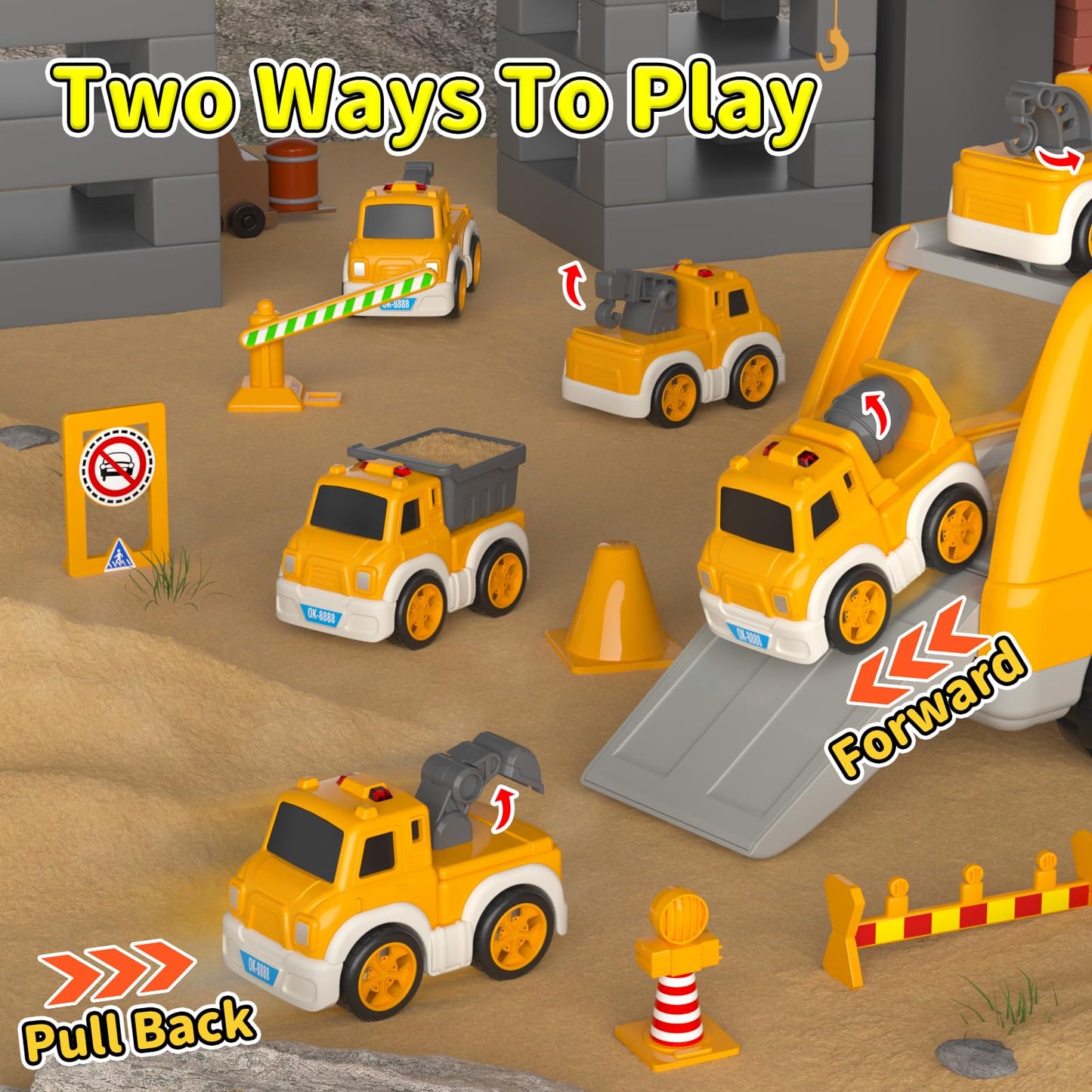 Newcrave Toddler Toys for 2 3 4 5 Year Old Boys, 8 in 1 Construction Trucks Vehicle Playset with Play Mat, Construction Truck To