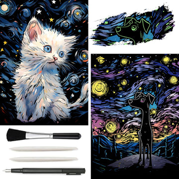 AP ARTSPER 2 Pack Night Glow Scratch Art Rainbow Painting Paper, Magic Glow-in-The-Dark Scraping, Van Gogh Style Creative Craft 