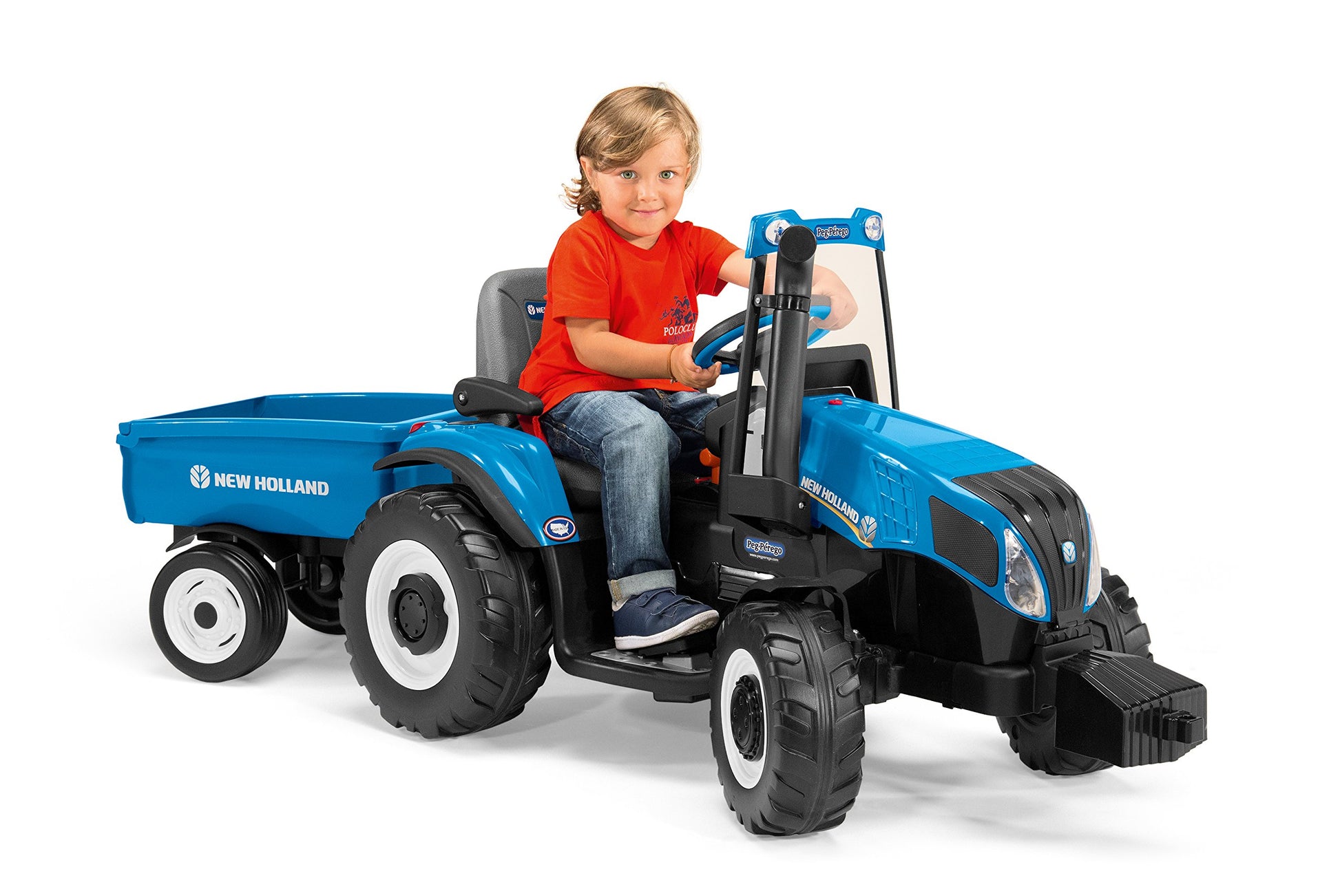 peg perego new holland t8 Peg Perego New Holland T8 Tractor & Trailer, 12V Ride-On, Large, Blue, Plastic, Model IGOR0074
