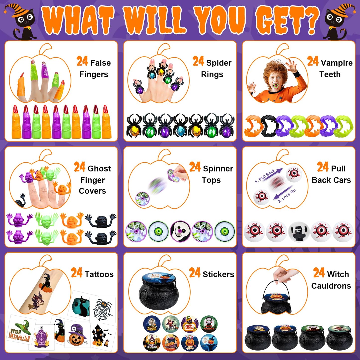 216PCS Halloween Party Favors 24 Pack Prefilled Small Plastic Witch Cauldron Halloween Toys Bulk Halloween Goodie Bag Fillers Ha