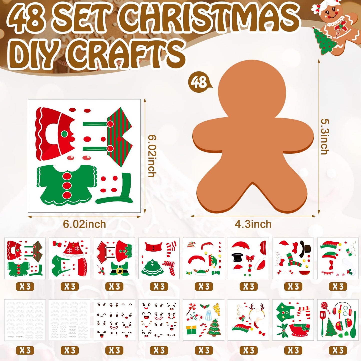 Frienda Christmas Gingerbread Craft Kit - 48 Set DIY Ornaments, Multicolor, 4.3x5.3 inches, Perfect for Xmas Tree Decoration & Party Favors