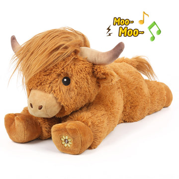 Music Highland Cow Brown Stuffed Animals For Kids, Farm Cow Plush Toy For Anxiety With Mooing Sound, Soft Cuddly Plushie Toys Gi