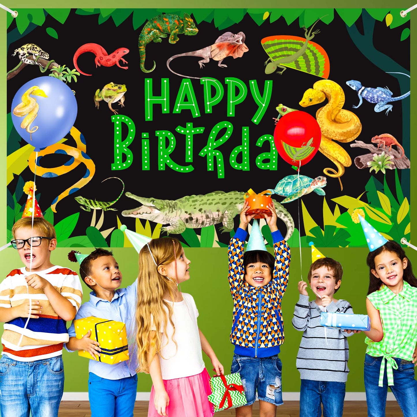 RUMIA Jungle Wild One Party Banner - Reptile Themed Decorations, 71 x 44 Inch, Polyester, Random Color, Kids Safari Animals