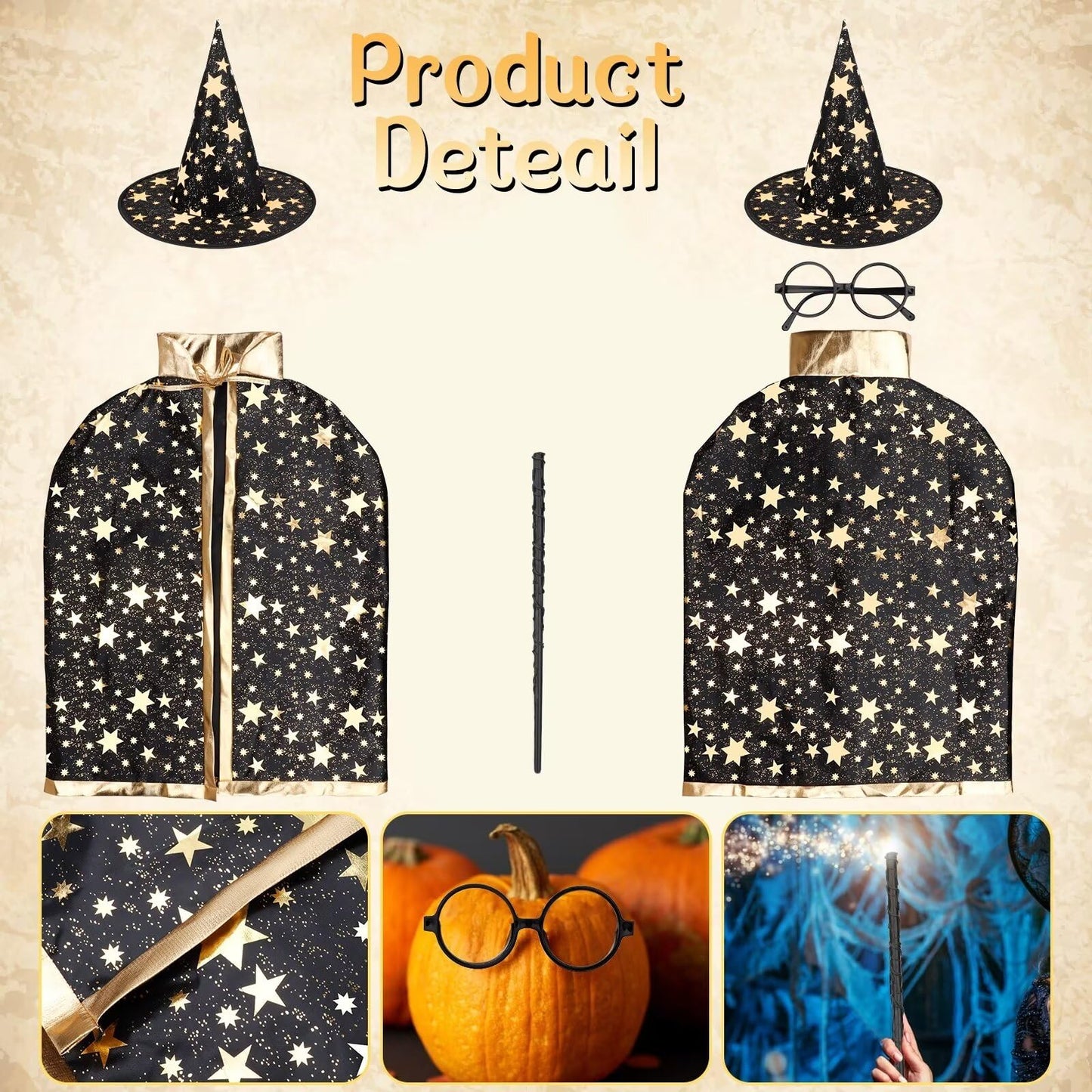 Lncojolm Wizard Robe Cape Hat Wand Witch Cloak Magician Costumes For Kids Boy Girl Cosplay Pretend Play Birthday Party Accessori