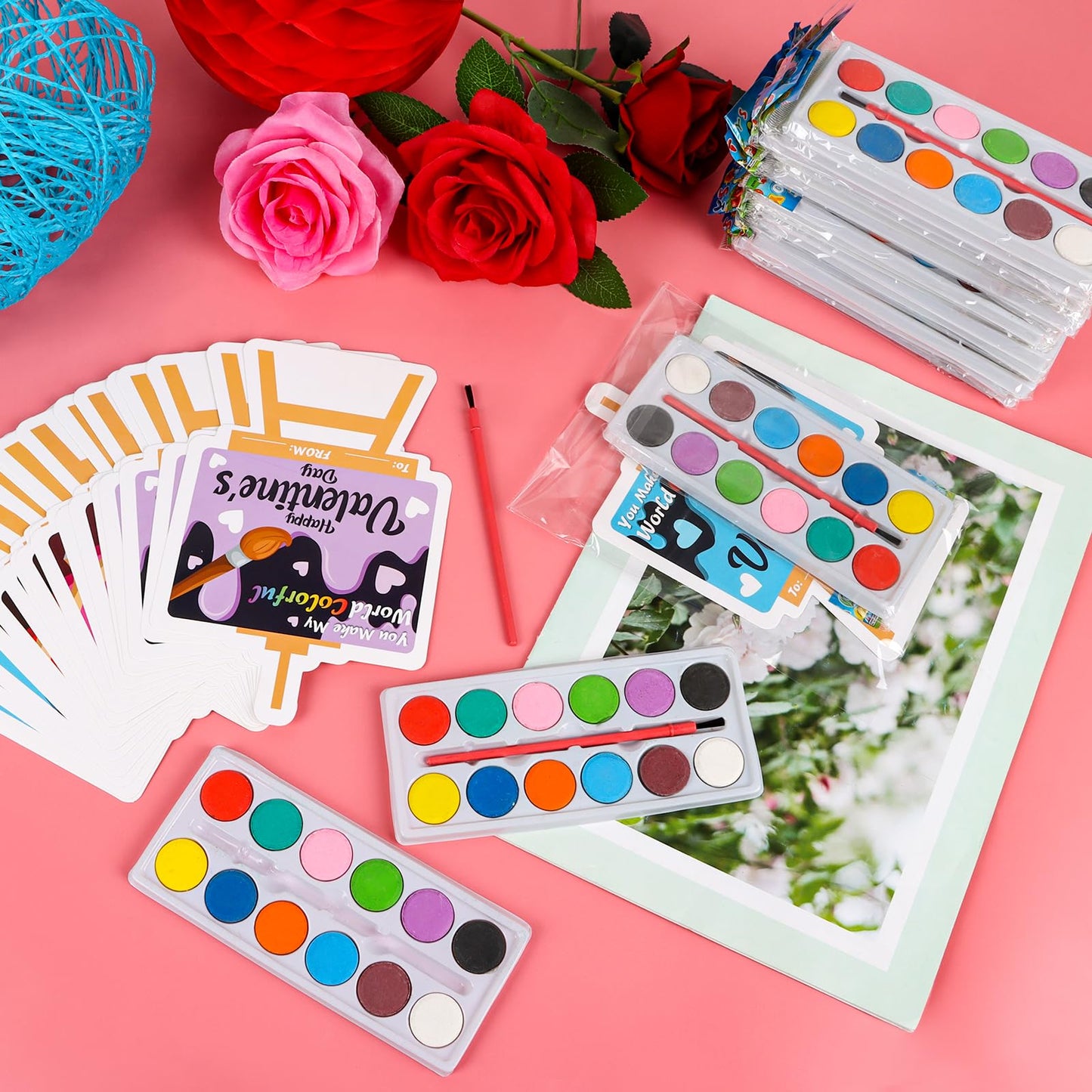 KIMOBER 24 Packs Valentines Day Gifts Cards with Watercolor Paint,Valentines Day Exchange Gifts with 25 Seal Bags for School Cl