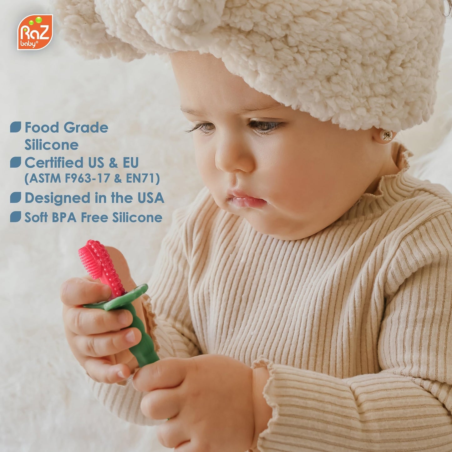 RAZBABY RaZBerry Baby Toothbrush - Multi-Textured Silicone, BPA-Free, Easy to Hold, 1 Count, Red, Model 101-RT