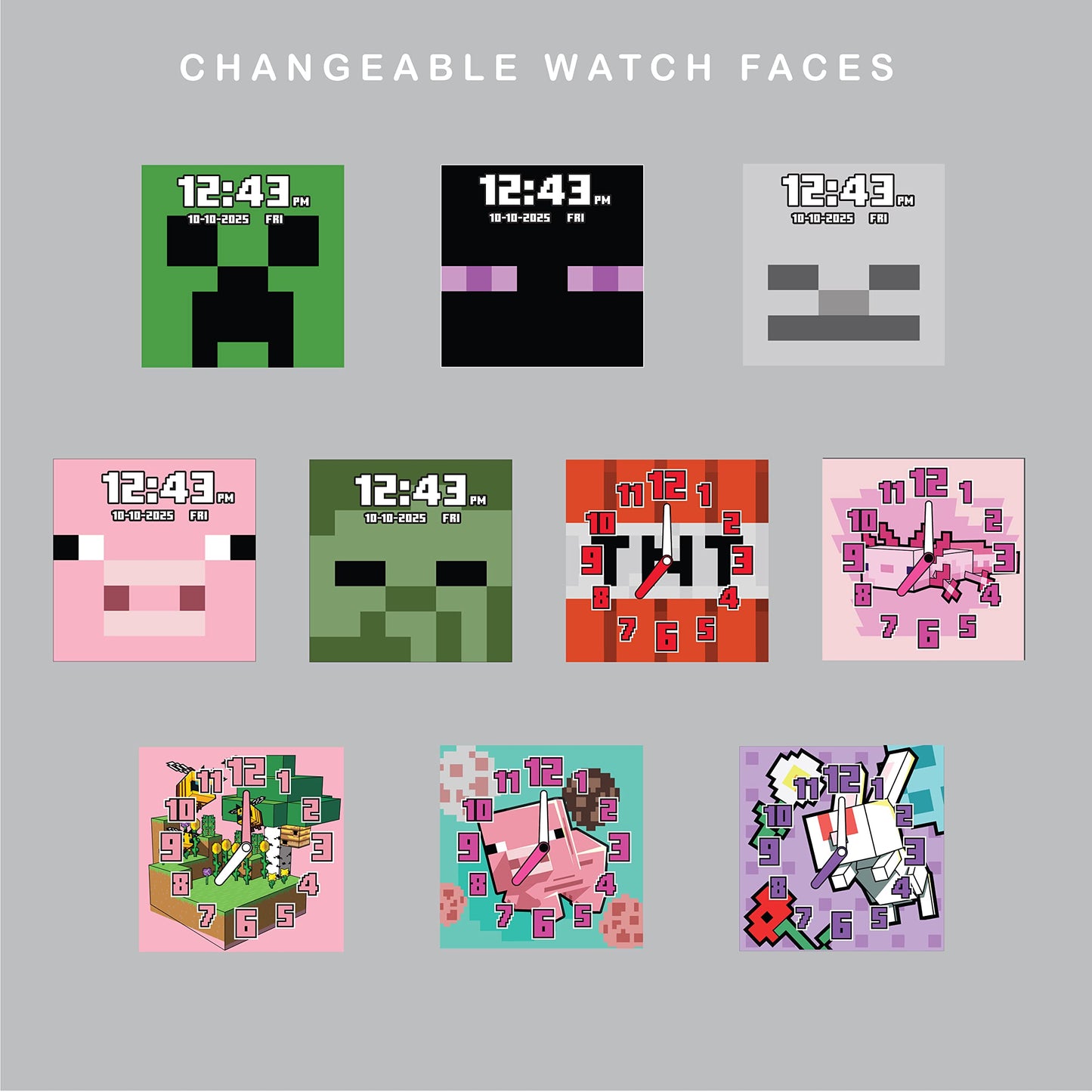Minecraft Kids Smartwatch – Pink Axolotl Design, 10 Watch Faces, Step Counter, Selfie Camera, Calculator, Games, Voice Recorder, Alarm & Timer, Printed Silicone Straps – Fits Wrists 5.5'-8.0'