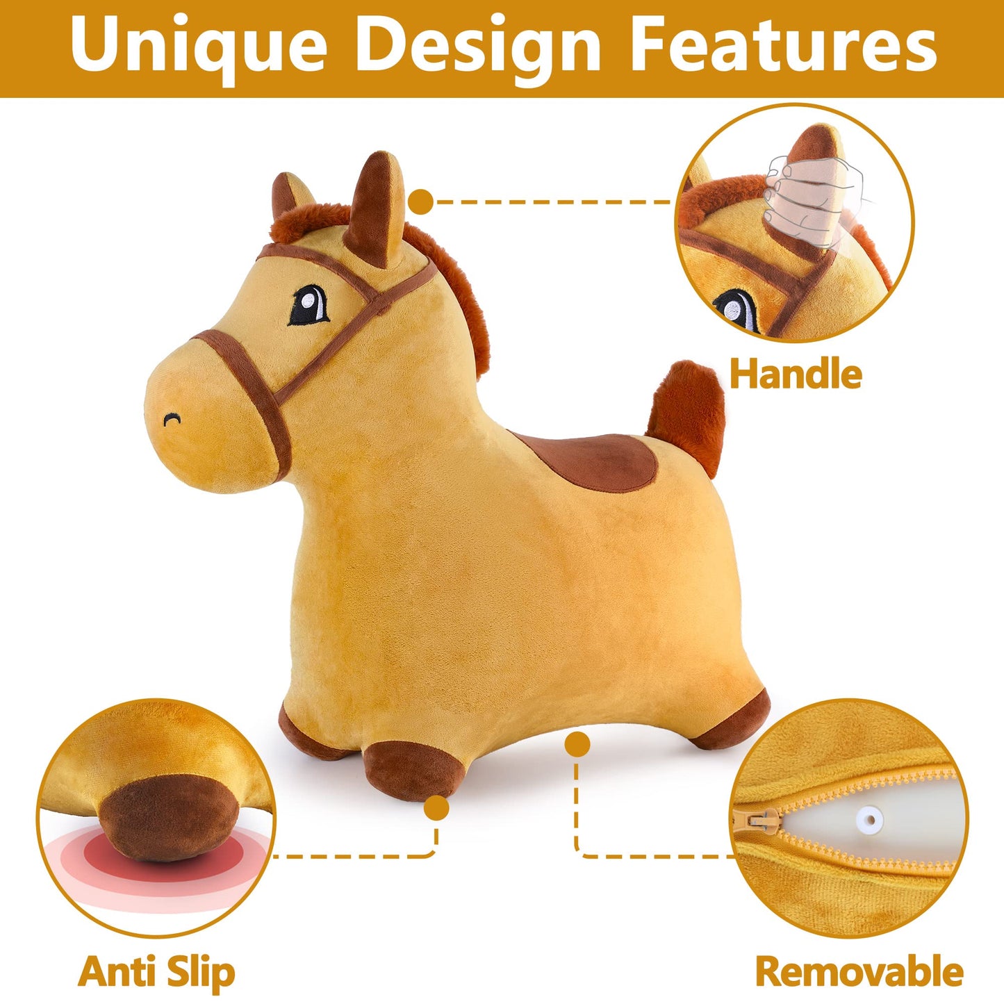 iPlay, iLearn Bouncy Pals Hopping Horse Toy - Inflatable Plush Ride-On Bouncer, Large, Yellow, Model RI-HOYE-049-B for Toddlers 18 Months