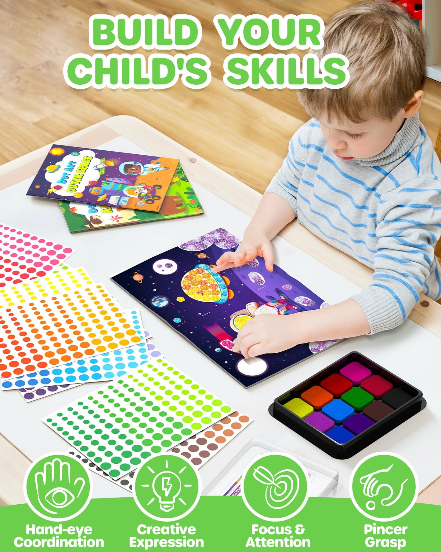 D-FantiX Dot Art Sticker Activity Book with Ink Pad, Mess-Free Finger Painting for Toddlers, Dinosaur, Animal, Outer Space, Vehi