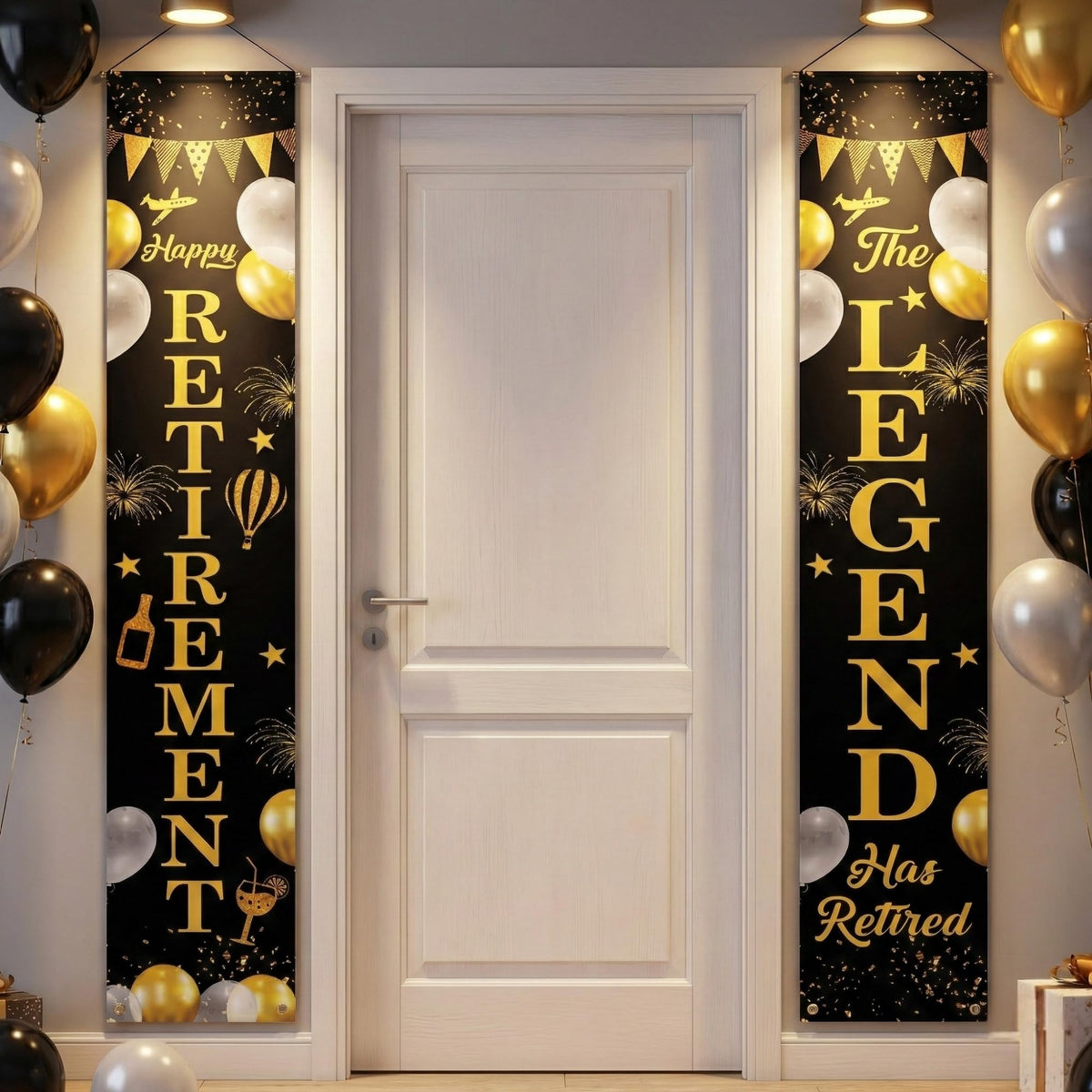 Untumble Black & Gold Happy Retirement Decoration Banners for Party Decoration (2 Pcs) | Printed Cotton Fabric With Rope Hanger 