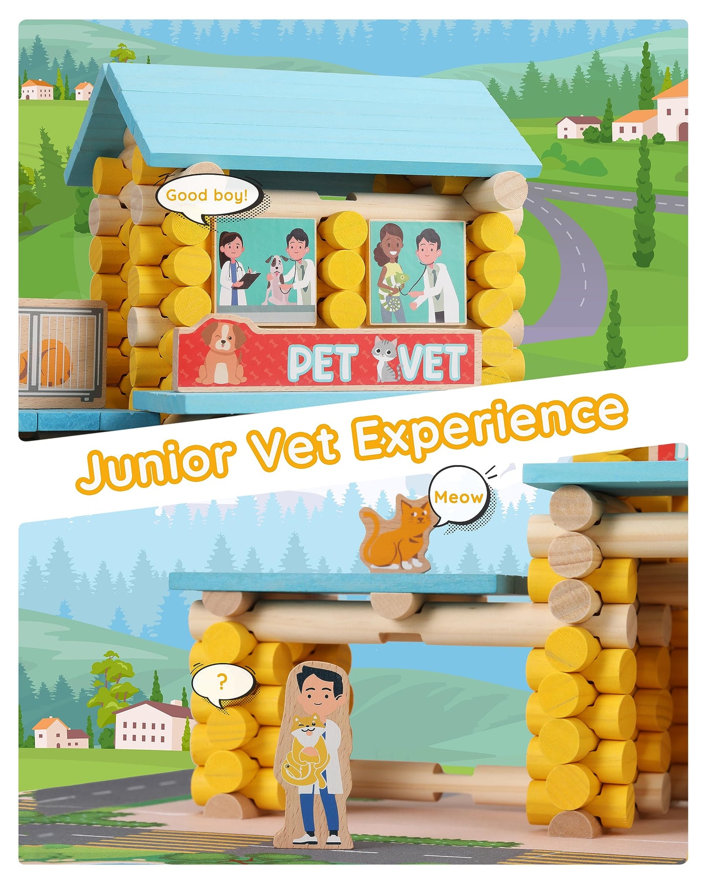 Sainsmart Jr. Wooden Logs Set - 229 Pcs Classic Building Toy For Kids, Pet Vet Log Kits Compatible With Lincoln Logs, Ages 3+