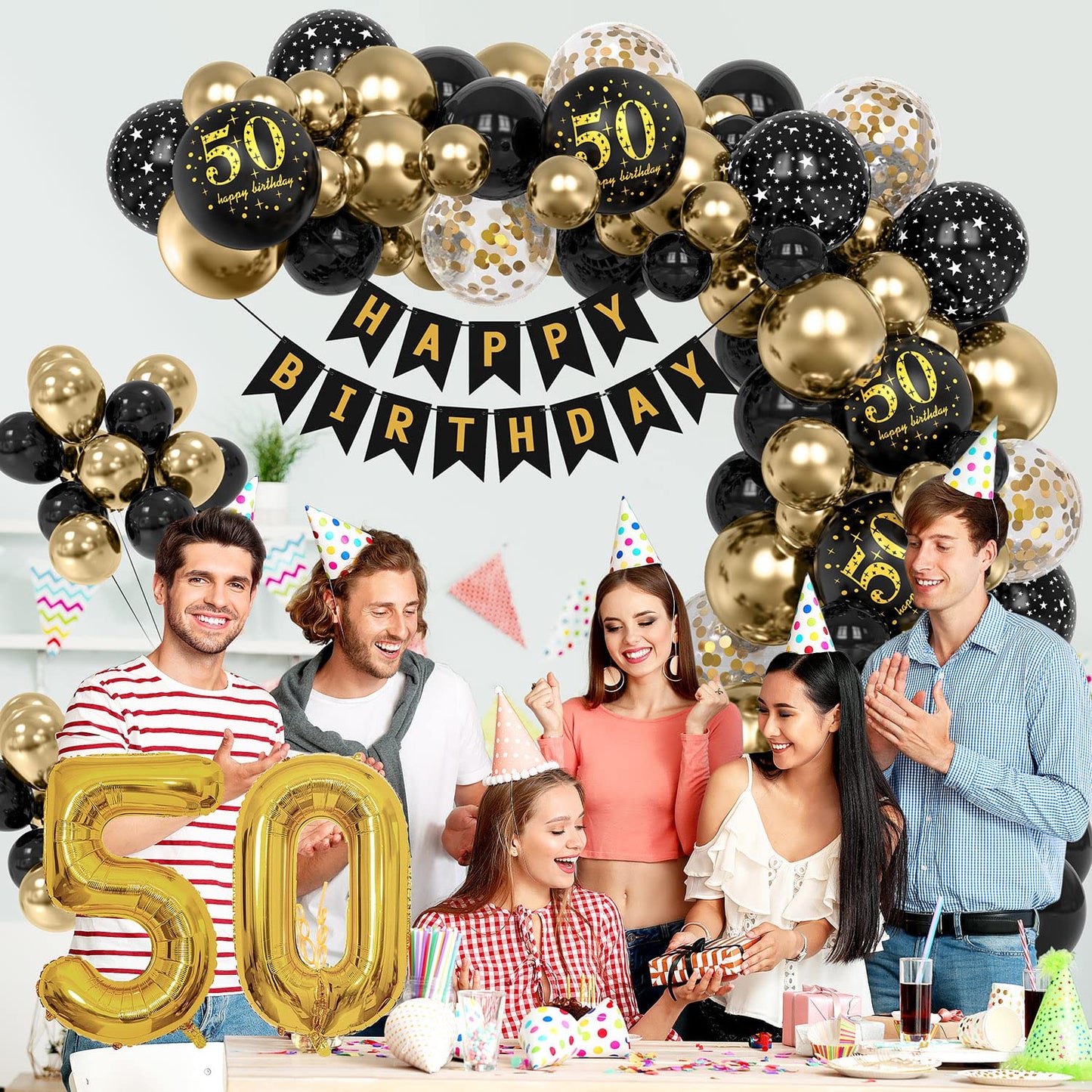 50Th Black Gold Birthday Party Decoration Sets 40 Inch Gold Giant Number Balloons With Birthday Banner Black Gold Balloon Arch G