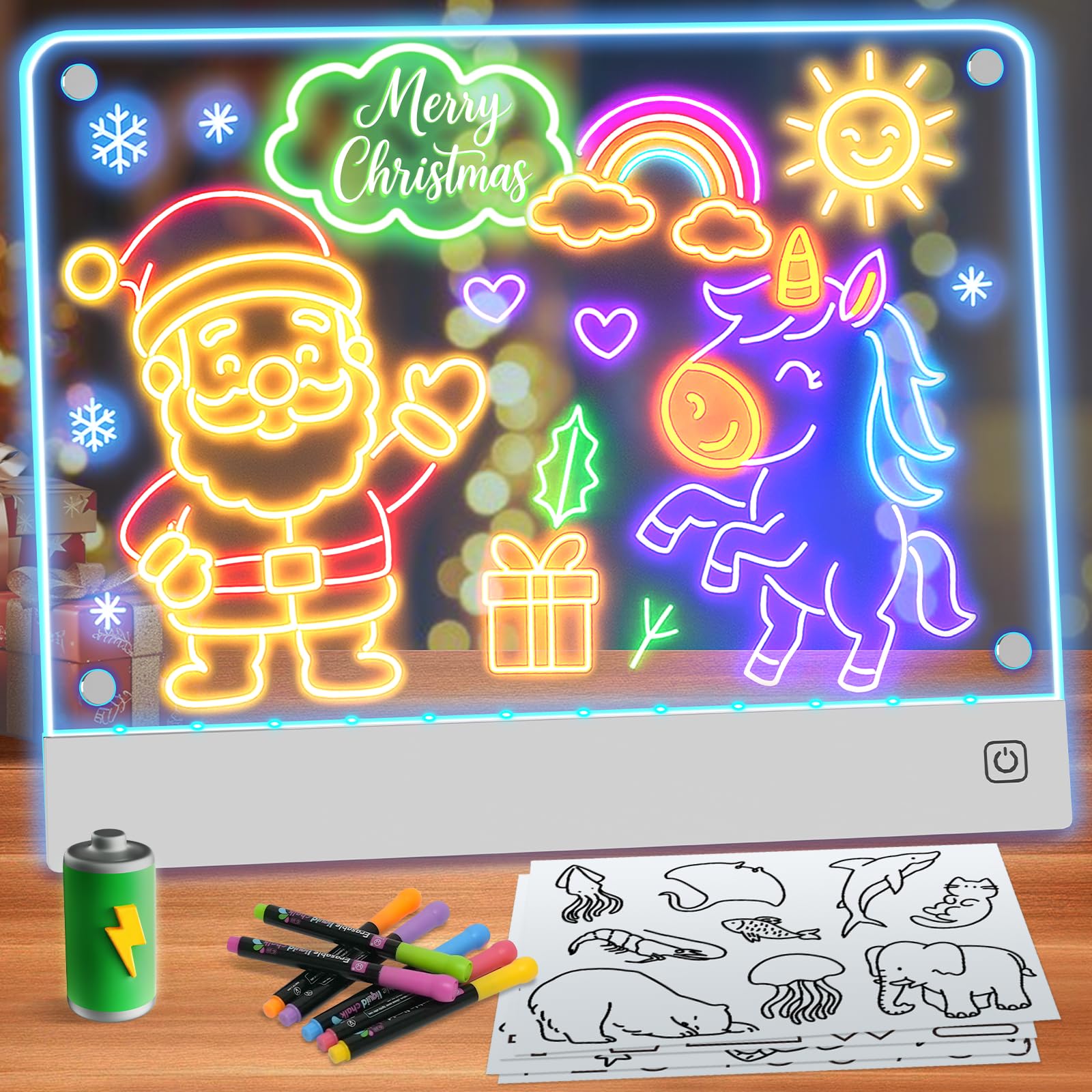 Rechargeable LED Drawing Board for Kids with 7 Colors, Magnetic LED Note Lumi Board with 4 Magnets and Invisible Stand, Light up