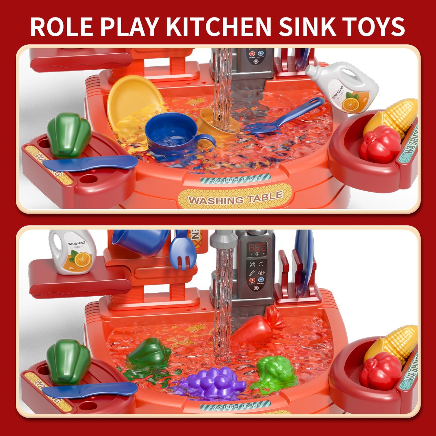 Pupu Pig Play Kitchen Water Table, Play Sink With Running Water, Toddler Toy Sink With Electric Faucet, Play Food & Kitchen Acce