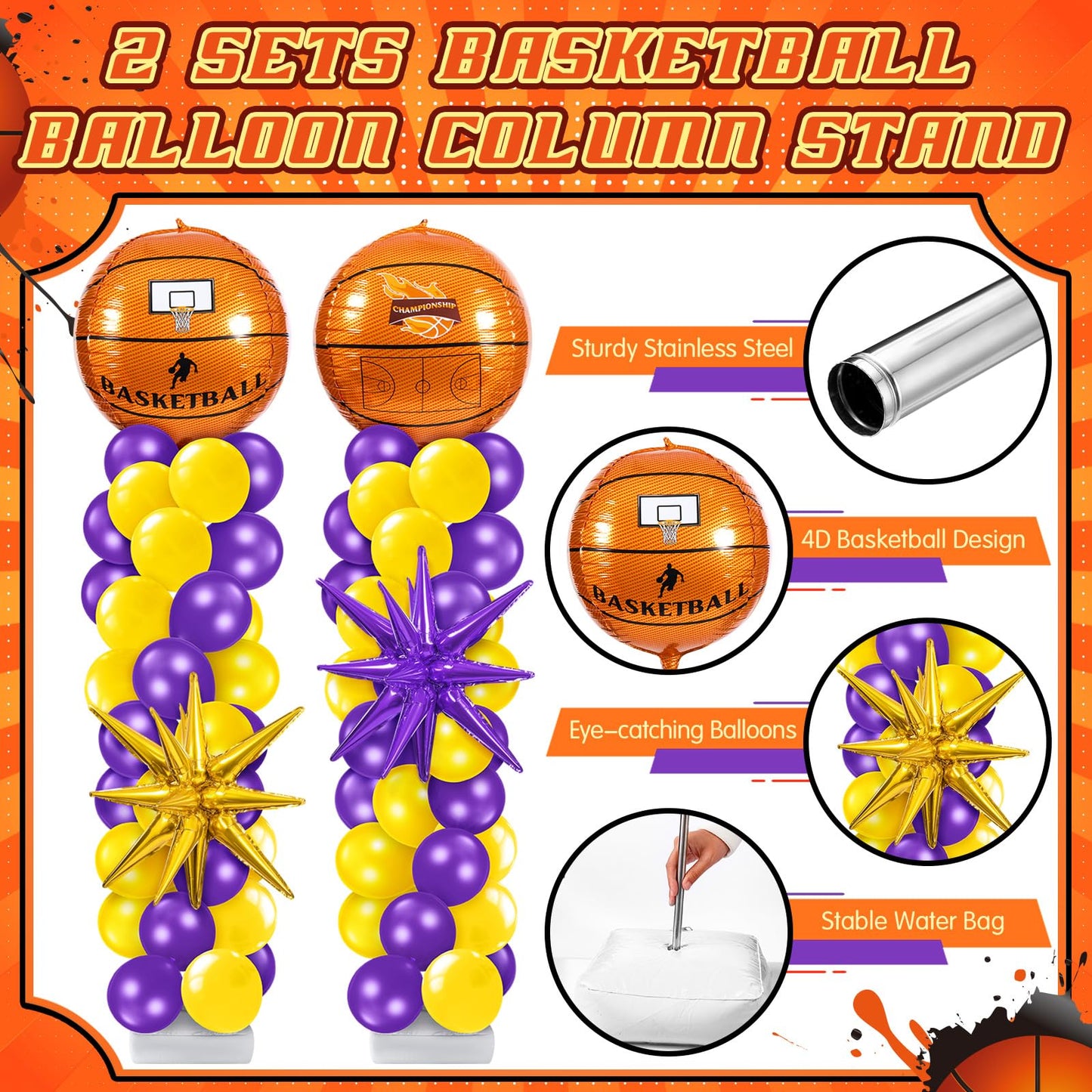 Kasyat Basketball Balloon Column Stand Kit - 4D Gold Purple Star Balloons, Yellow & Purple Arch, Model AU-Kasyat-1500