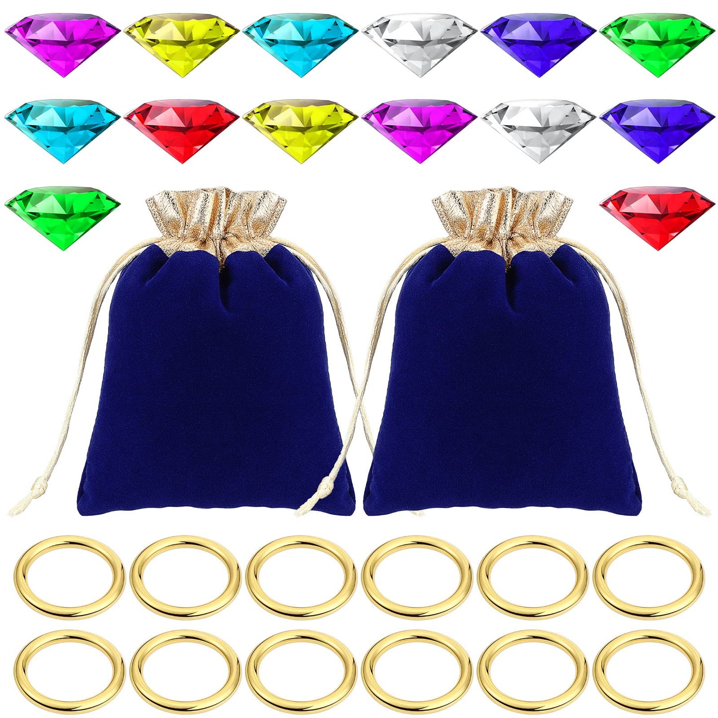 Hanaive 28 Pieces Acrylic Diamond Gems Jewels and Alloy Gold Round Ring Set Ring Pirate Treasure Hunting Birthday Party Favor Su
