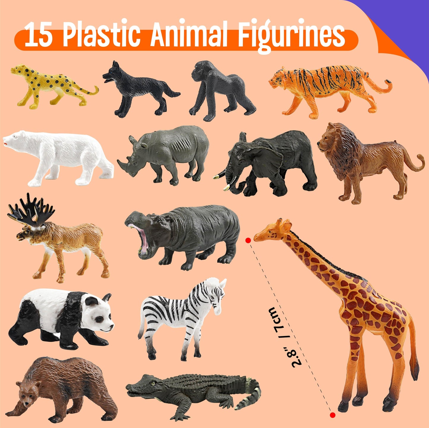 15 Wild Animal Figurines for Kids  Plastic Safari Animal Toys Tiny Portable Jungle Creature Figures Playset Montessori Toys Educational Game for Homeschool Preschool Toddler Kids