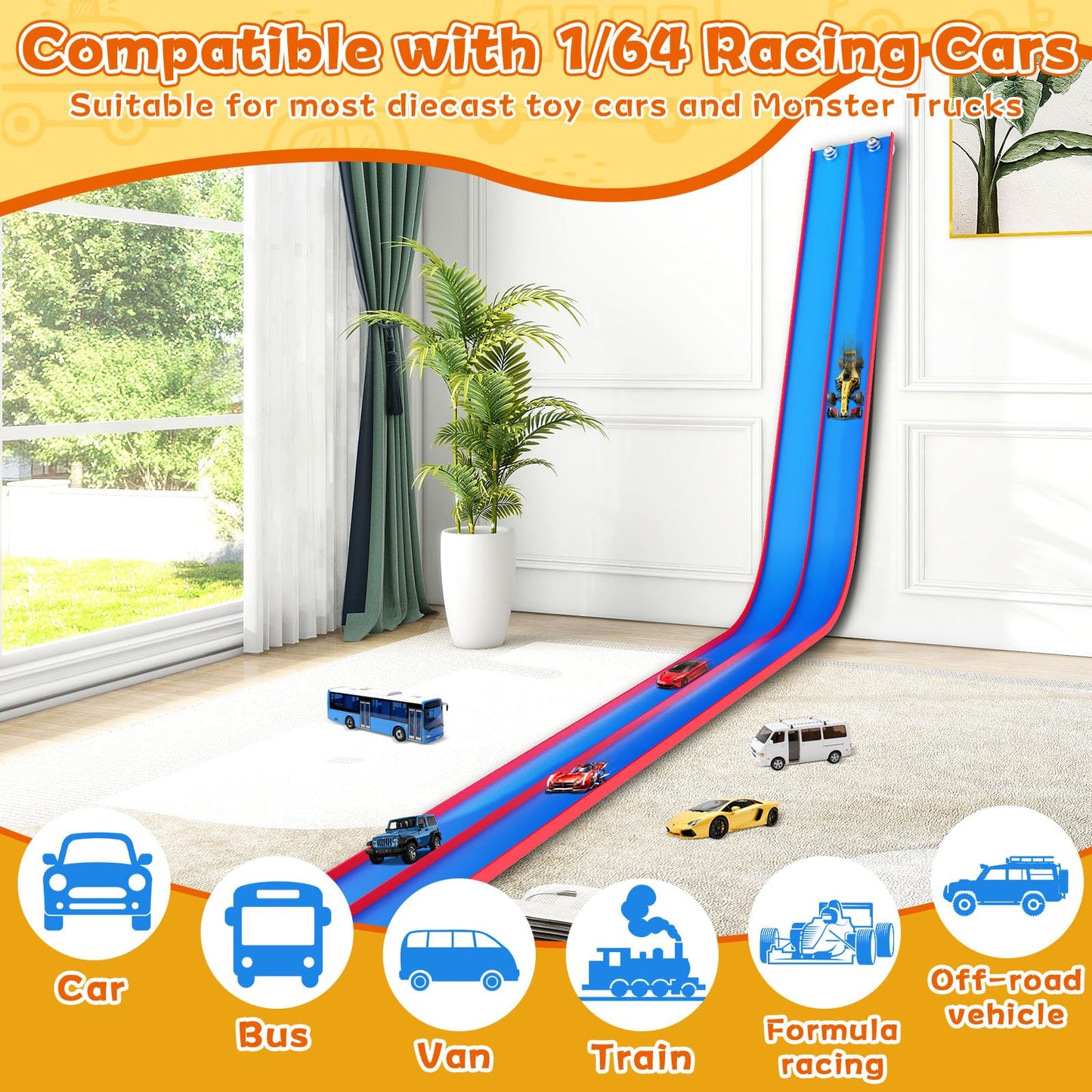 15 Ft Flexible Race Track for Kids - Portable Car Race Track Starter Set with Suction Cups  Rolls Up Easy  Compatible with 1/64 Diecast Cars  Birthday Gift for Boys & Girls Ages 3+ (Blue&Red)