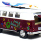 Set of 4 Vehicles: 5'' 1962 VW Classic Van Flowers with Surfboard (Red, Green, Maroon and Yellow)