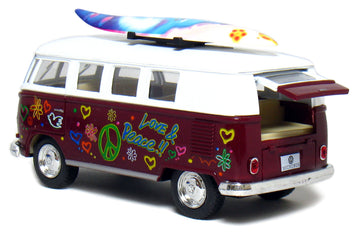 Set of 4 Vehicles: 5'' 1962 VW Classic Van Flowers with Surfboard (Red, Green, Maroon and Yellow)