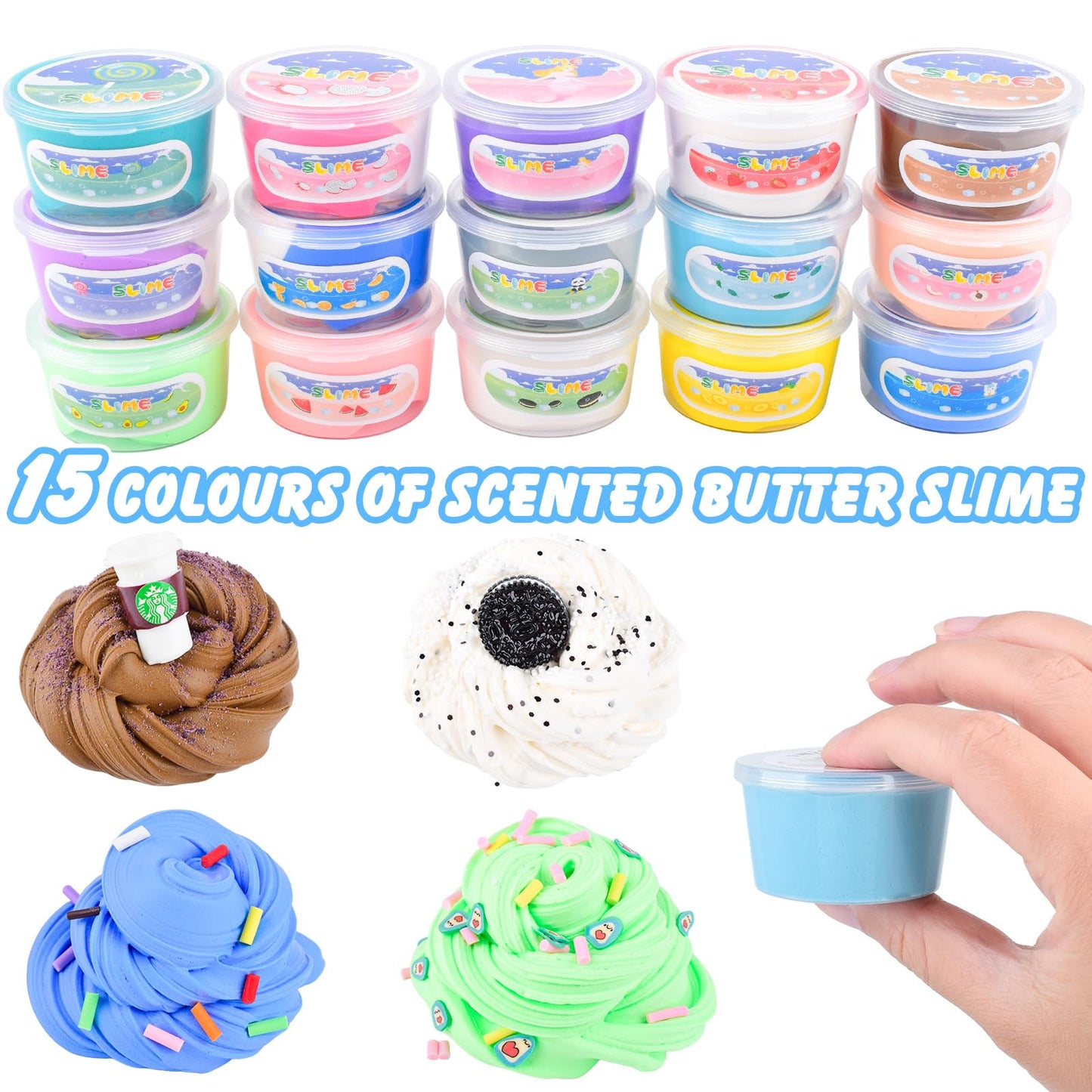 15 Pack Butter Slime Kit with Fruits Charms, Birthday Gift, Slime Party Favors for Girls and Boys, Super Soft & Non-Sticky, Scen