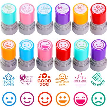 12 Sorted Teacher Stamps for Classroom, Self-Inking Rubber Colorful Teacher Stamps for Grading Homework, Mood Expressions Stamps