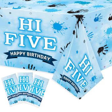 3Pcs Hi Five Party Tablecloths - Blue High 5 Year Old Party Table Covers Decorations 5th Birthday Rectangular Plastic Disposable