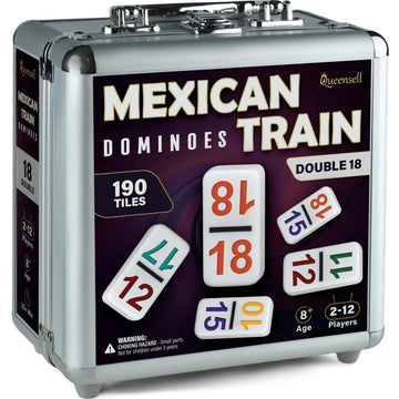 Queensell Mexican Train Dominoes Set With Numbers - Double 18 Dominos Set For Adults And Kids - Mexican Dominoes Train Game Night Games For Adults With Wooden Hub And Aluminum Case