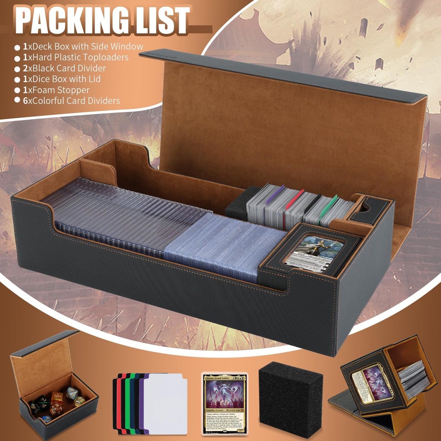 2200+ Mtg Deck Box Leather Magnetic Closure Commander Organiser, Holds 5 Small Deck Boxes, Includes 1 Small Deck Box, 8 Dividers
