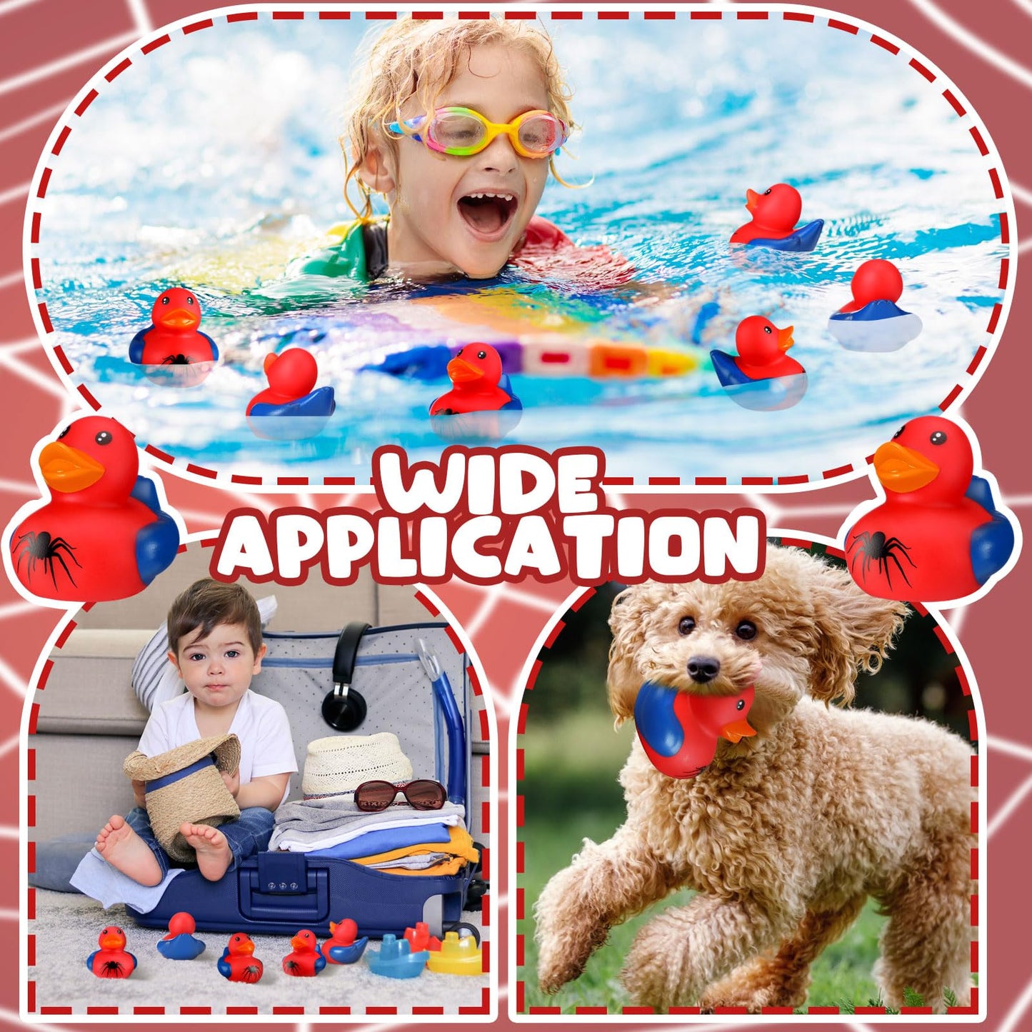Leyndo 24 Pcs Christmas Spider Rubber Duck Bulk Spider Birthday Party Decoration Favors Squeaky Red Blue Duck for Bathtub Floating Pool Gifts Party Supplies