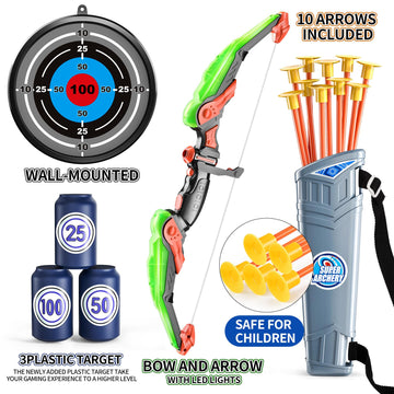 Temi Bow And Arrow For 3 4 5 6 7 8 9 10 Year Old Kids Boys, Led Light Up Archery Toy With 10 Suction Cup Arrows, 4 Target & Quiver, Indoor Outdoor Activity Toys, Birthday Gift Toys For Kids Boys Girls