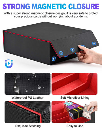 Uaono Card Storage Box For Trading Cards, 2400+ Mtg Commander Deck Box With 24Pcs Colorful Divider, Card Case Fits For Magic Tcg Ptcg Game Cards (Black&Red)