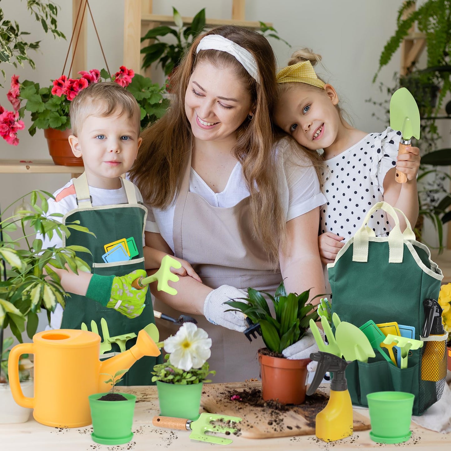 Cute Stone Kids Gardening Tool Set, 20Pcs Gardening Toys Includes Metal Rake,Fork,Trowel,Apron,Gloves,Watering Can,Tote Bag And Strickers, Garden Tool Kit For Kids, Outdoor Toys Gift For Boys Girls