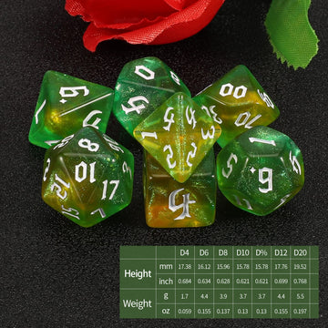 QMAY DND Dice Set -D&D Polyhedral Dice (7 Pcs) for Dungeons and Dragons (Pale Yellow and Green Glitter)