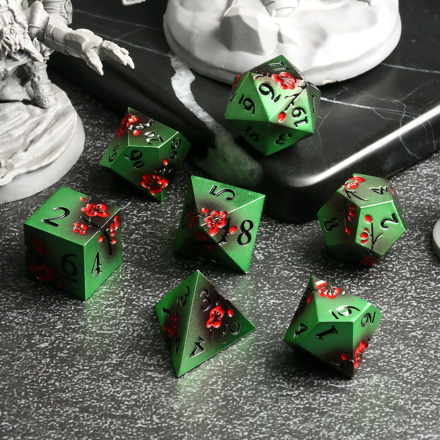 Metal Dice Set D&D, DNDND 7 PCS Metallic Flowers DND Dice with Gorgeous Gift Case for D&D Dungeons and Dragon Tabletop Game (Gre