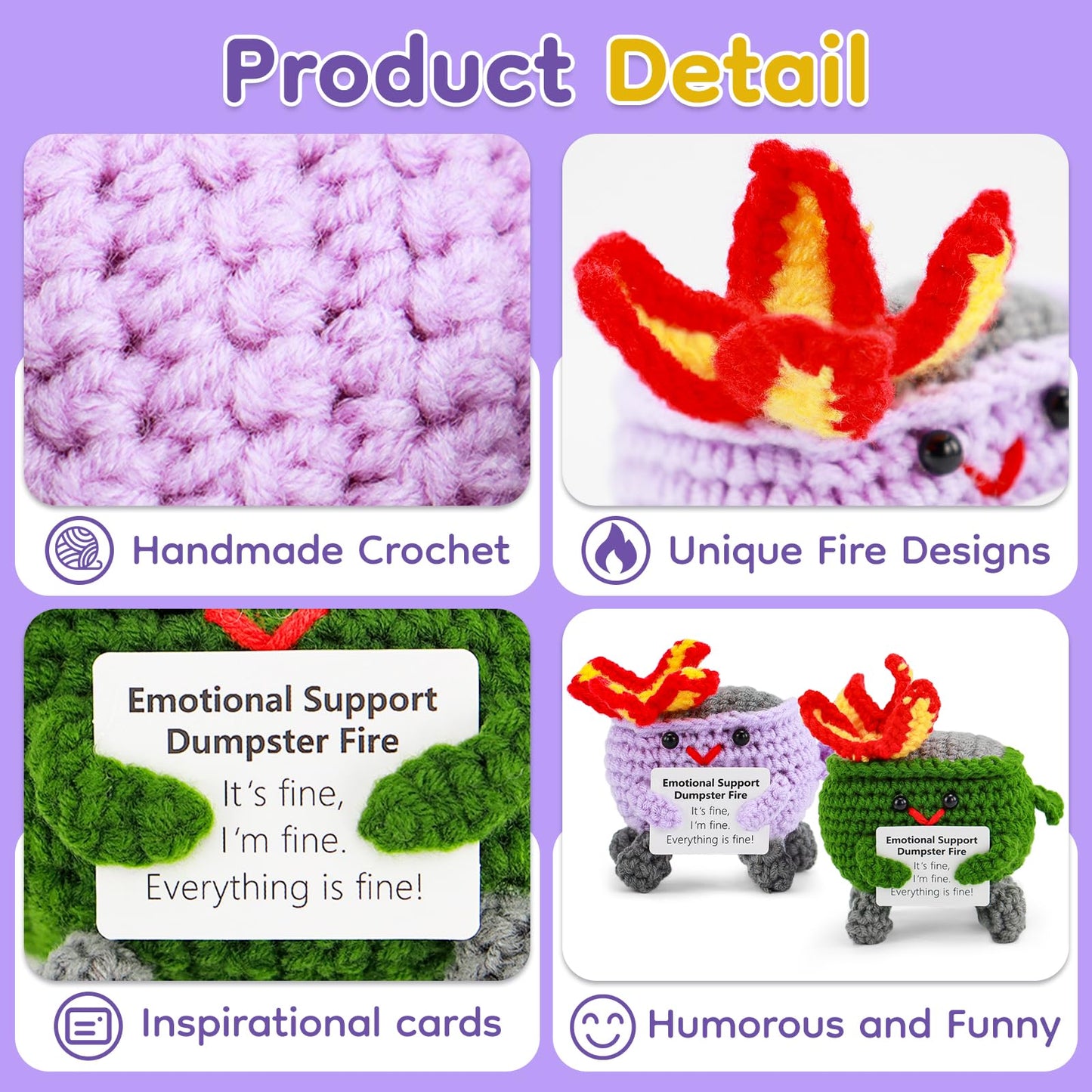 Dulvus Emotional Support Dumpster Fire Crochet, 2 Pack Handmade Positive Gift, Cute Room Decor Knitted Toys, Adorable Office Des