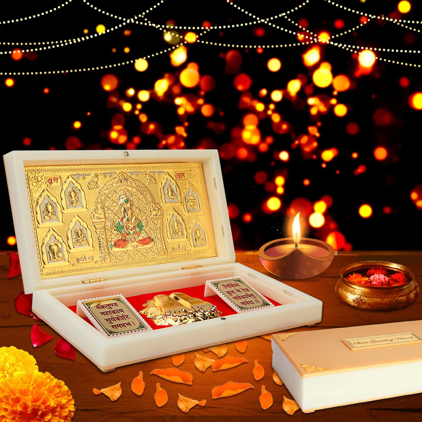 ARNAVIRA Gold Plated Photo Frame with Charan Paduka Pocket Temple for House Warming Gifts Return Gift Diwali Gift Puja Box (Dagu