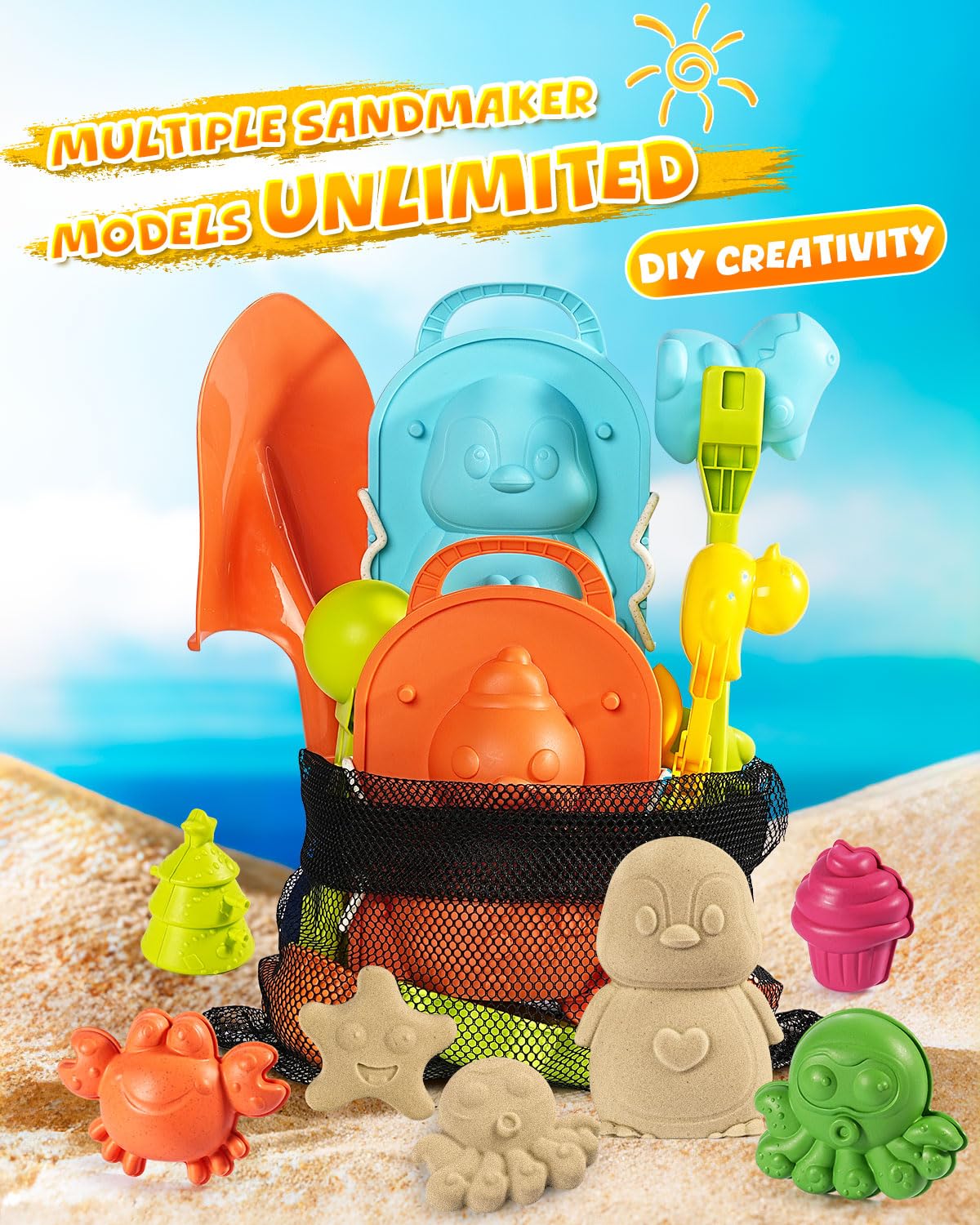 Lqyoyz Beach Toys Set For Kids- 18Pack Sand Toys For Toddler 3-10, With Shovels, Mesh Bag & Sand Molds, Travel Beach Sandbox Toy